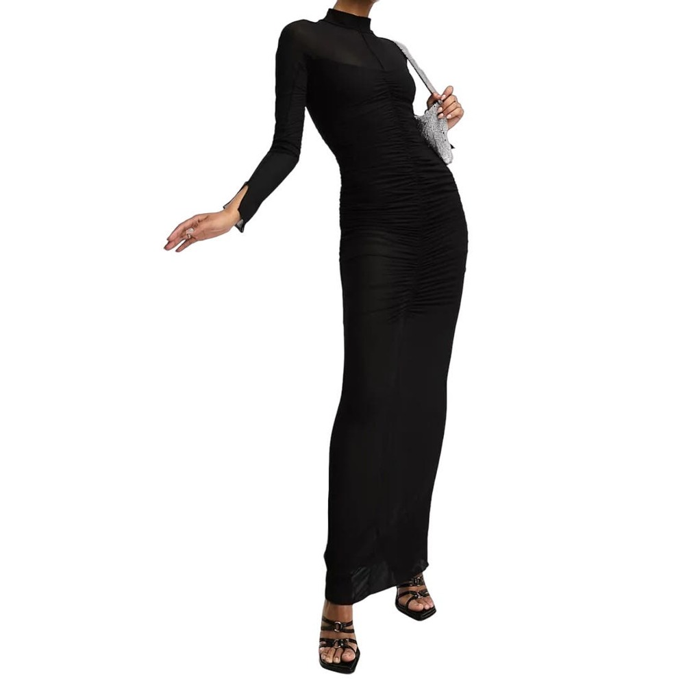 ASOS Deisgn Sheer Ruched Maxi Dress in Black, Size 0